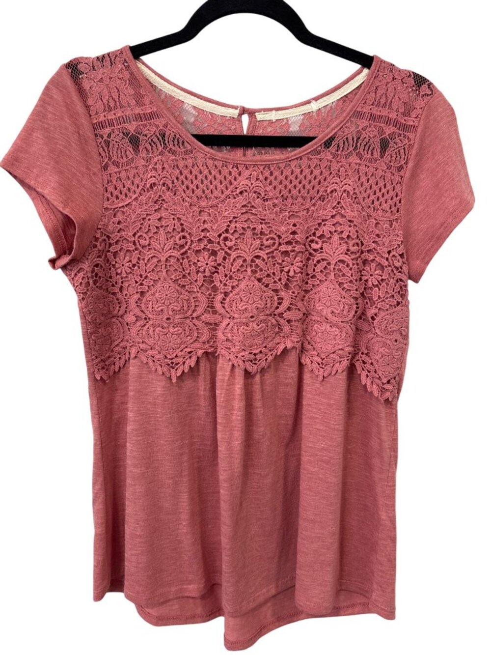 Maurices Blouse Small Crochet Lace Short Sleeve Crewneck Coral Pink Boho Hippie